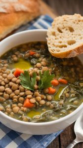 A bowl of lentil and spinach soup made with green lentils, carrots, celery, onions, garlic, vegetable broth, served with crusty bread on the side