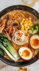 a deep ramen bowl filled with thin, delicate ramen noodles, steaming golden miso broth, sautéed mushrooms, bright green bok choy, yellow corn, sliced green onions, sesame seeds, and a soft-boiled egg sliced in half
