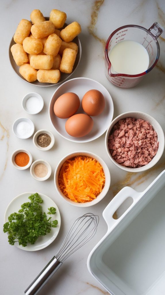 all the ingredients for tater tot breakfast casserole