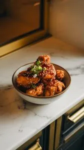 A bowl of crispy fried chicken being tossed in a shiny soy garlic sauce, garnished with sesame seeds and green onions