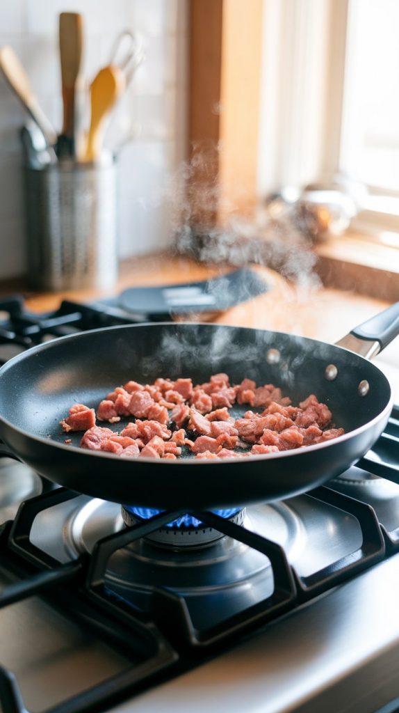 A frying pan on a modern stainless steel gas stove with crumbled breakfast sausage cooking