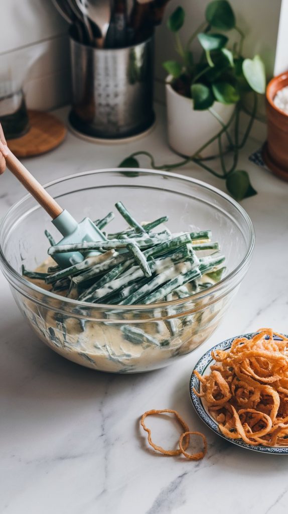 A glass mixing bowl filled with green beans and creamy sauce being mixed with a spatula
