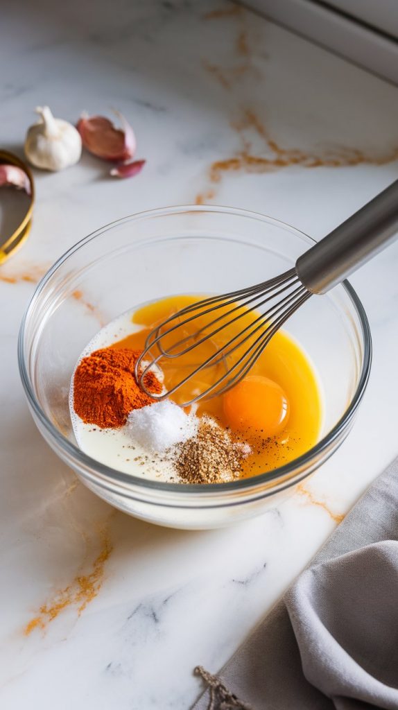 A glass mixing bowl with whisked eggs, milk, garlic powder, smoked paprika, salt, and black pepper, a whisk resting on the edge.
