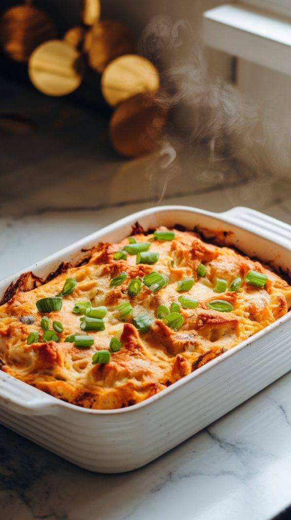 A golden baked casserole in regtangle in a in a white baking dish resting on the counter, garnished with green onions and ranch drizzles, steam rising.