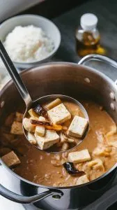 A ladle scooping the finished Doenjang Jjigae from the pot, steam rising, tofu and vegetables visible in the light brown broth