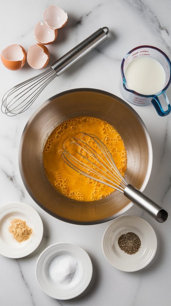 A large mixing bowl on a white marble counter with whisked egg mixture inside.