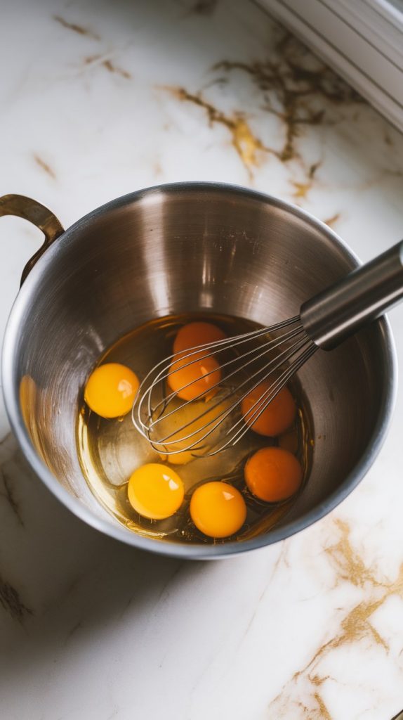 A large mixing bowl with eggs cracked into it, whisking in progress