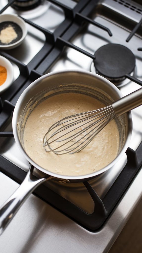 A saucepan on a stove with creamy sauce being whisked together.