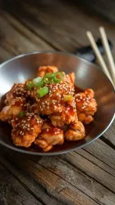 small pieces of boneless Korean popcorn chicken with sauce beautifully plated in a shallow bowl