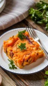 A slice of Sweet Potato Breakfast Casserole served on a white plate, garnished with fresh parsley, with a fork on the side