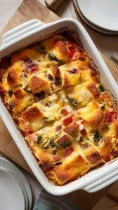 A sliced veggie breakfast casserole served warm in a white ceramic dish, golden and bubbly, with steam rising