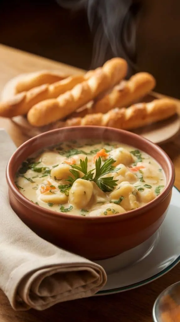 A steaming bowl of Olive Garden Chicken Gnocchi Soup