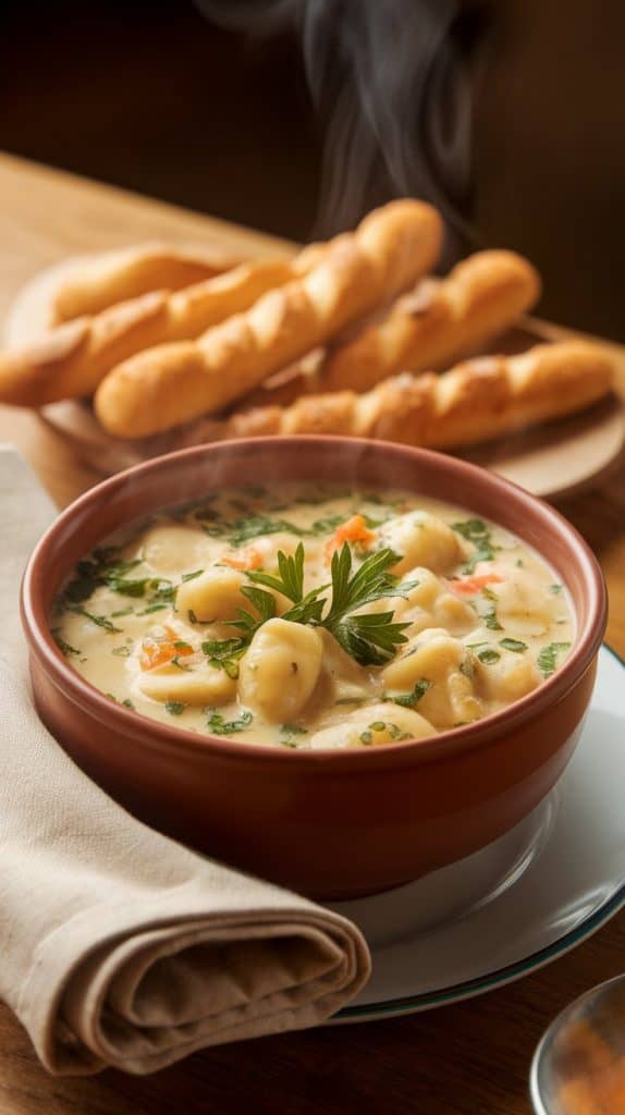 A steaming bowl of Olive Garden Chicken Gnocchi Soup