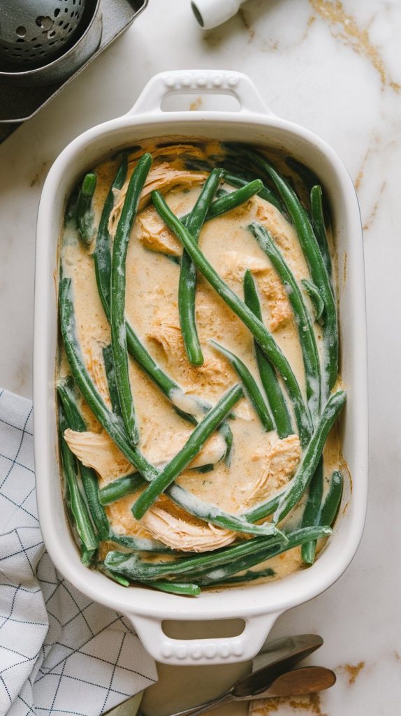 A white ceramic casserole dish filled with well combined of 2 things: green bean, creamy chicken soup