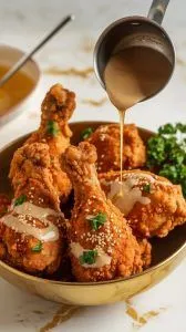 Golden crispy fried chicken drumsticks in a large bowl being drizzled with honey butter sauce from a small saucepan