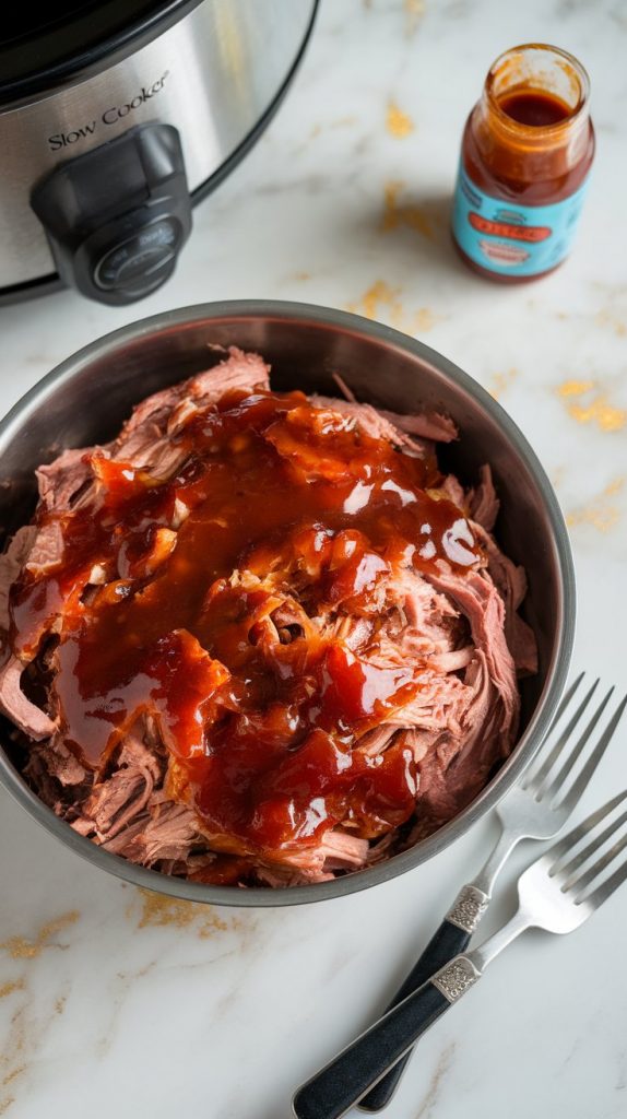 Shredded pork in a large bowl, coated in glossy BBQ sauce, with two forks resting on the side
