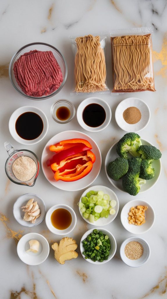 fresh ingredients laid out on a white marble countertop with hints of gold