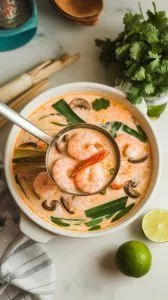 A ladle scooping out Thai Shrimp Tom Yum Soup,