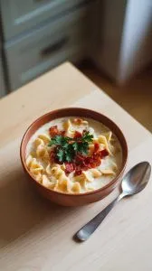 A bowl of creamy crack chicken noodle soup, garnished with fresh parsley and served with a spoon on a light wooden table