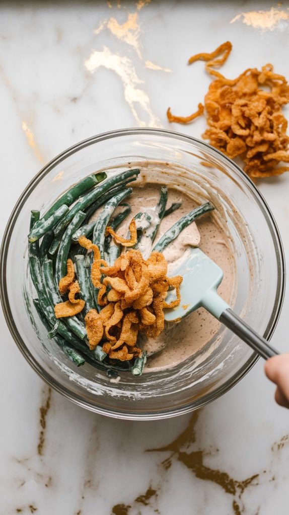 A glass mixing bowl filled with green beans and creamy sauce, being mixed with a spatula