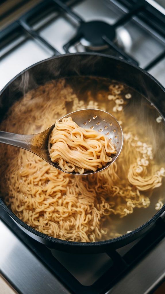 a pot of boiling water with ramen noodles submerged, starting to soften and separate