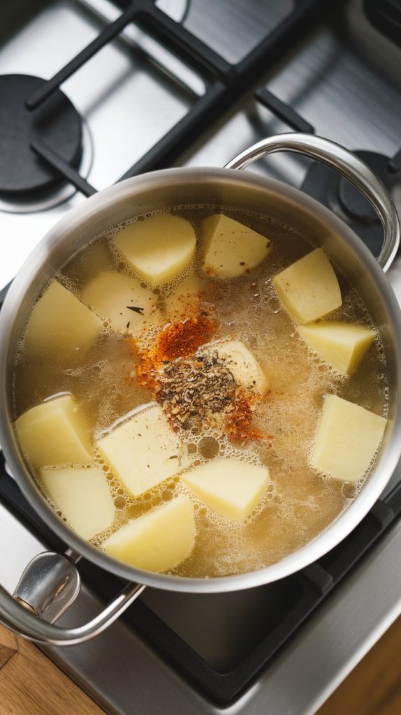 A simmering pot of broth with diced potatoes and seasonings visible