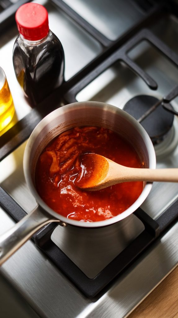 A small saucepan simmering with a glossy red kimchi glaze