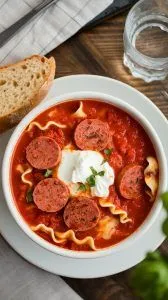 A hearty bowl of lasagna soup with sliced Italian sausages topped with a creamy dollop of ricotta cheese