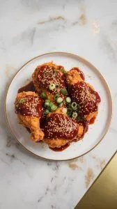 Golden crispy fried chicken coated in a deep-red gochujang sauce, topped with sesame seeds and green onions, served on a white plate