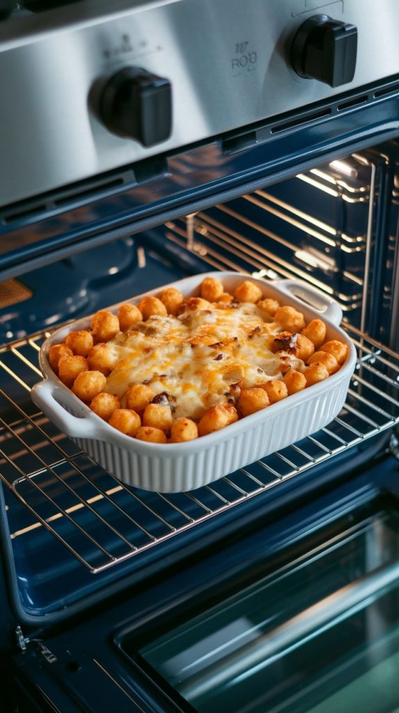 A golden tater tot casserole in a white ceramic baking dish inside a modern stainless steel double oven with the oven door slightly open, cheese bubbling on top