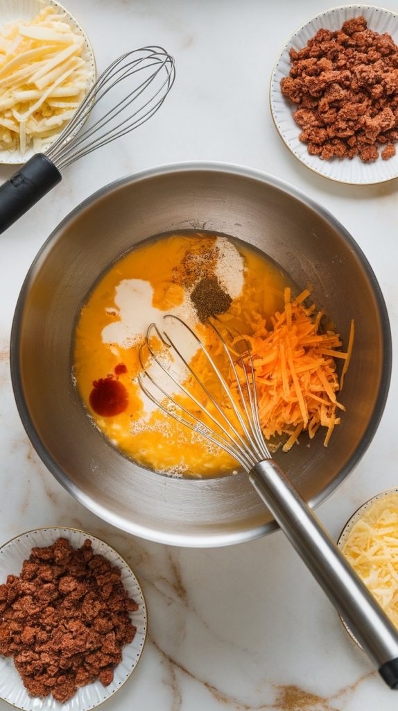 a large mixing bowl with whisked eggs, milk, seasonings, and shredded cheddar cheese being mixed