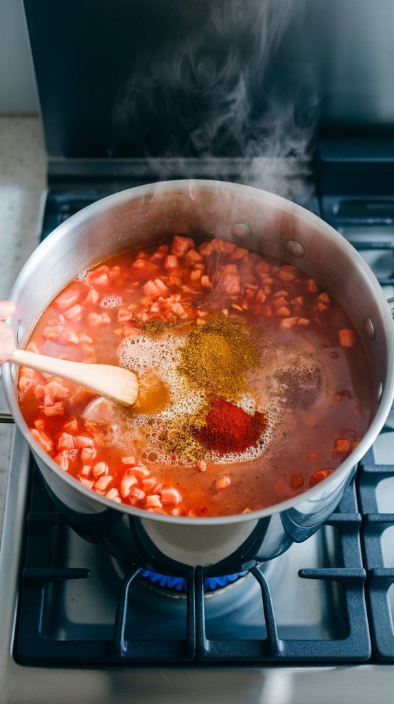 A large pot filled with chicken broth, diced tomatoes, and spices (cumin and chili powder) being stirred together