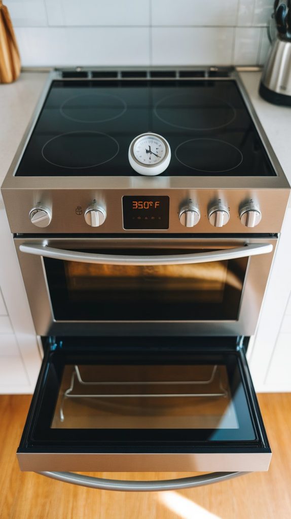  modern stainless steel double oven with the temperature set to 350°F