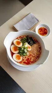 A modern white ceramic bowl filled with ramen noodles, red broth, soft-boiled eggs, green onions, mushrooms, nori strips, and sesame seeds