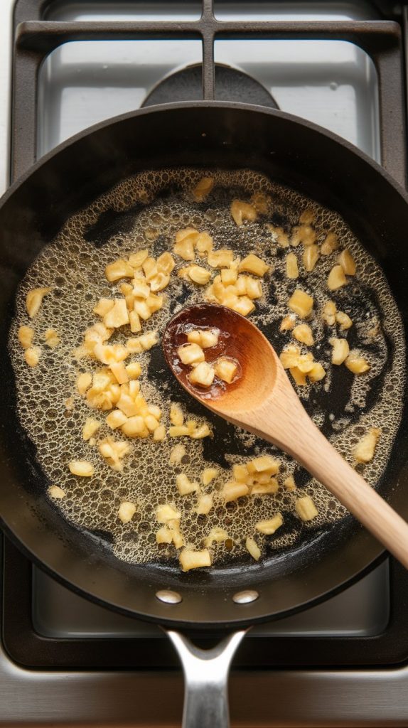 a skillet with bubbling melted butter and freshly minced garlic sizzling, turning golden.