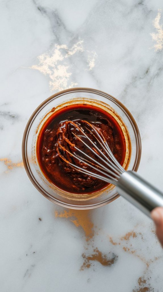 close-up shot of a small bowl with dark stir-fry sauce being whisked together, glossy and well-mixed