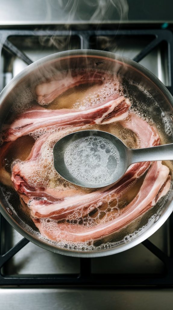 raw pork bones submerged in boiling water, with visible foam and impurities rising to the surface