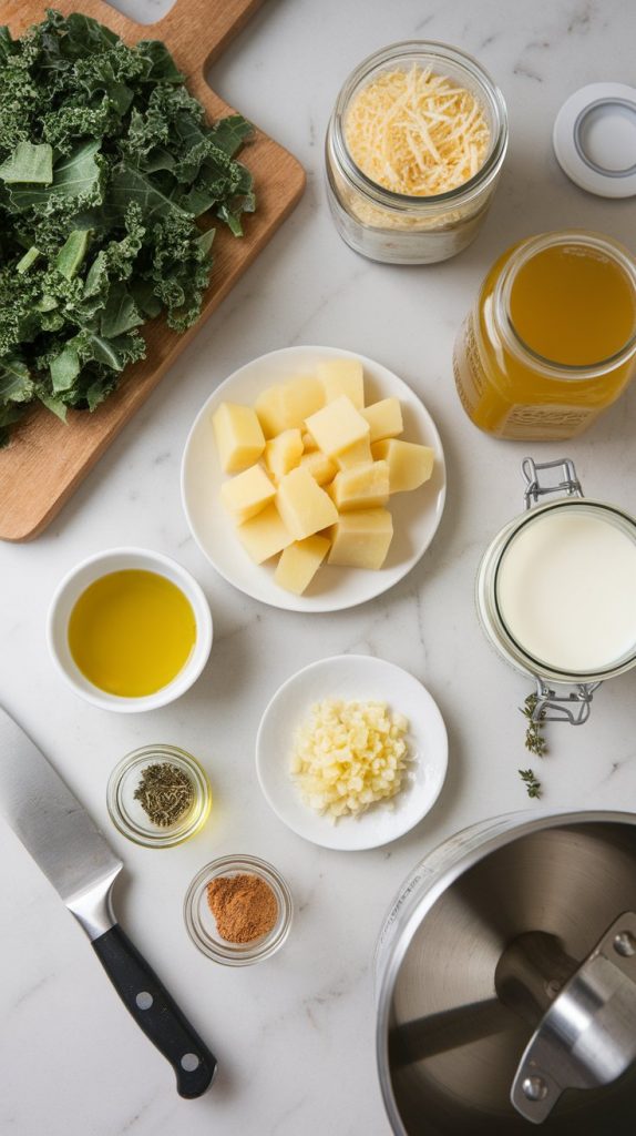 all the ingredients for creamy Parmesan kale soup