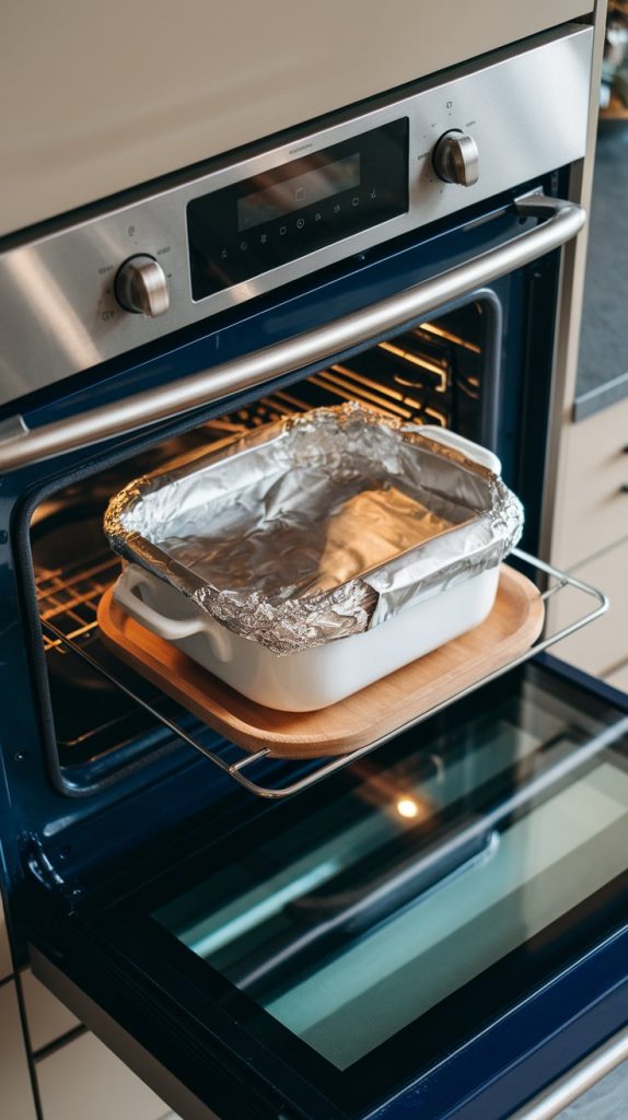 A white casserole dish covered in foil being placed into a modern stainless steel double oven