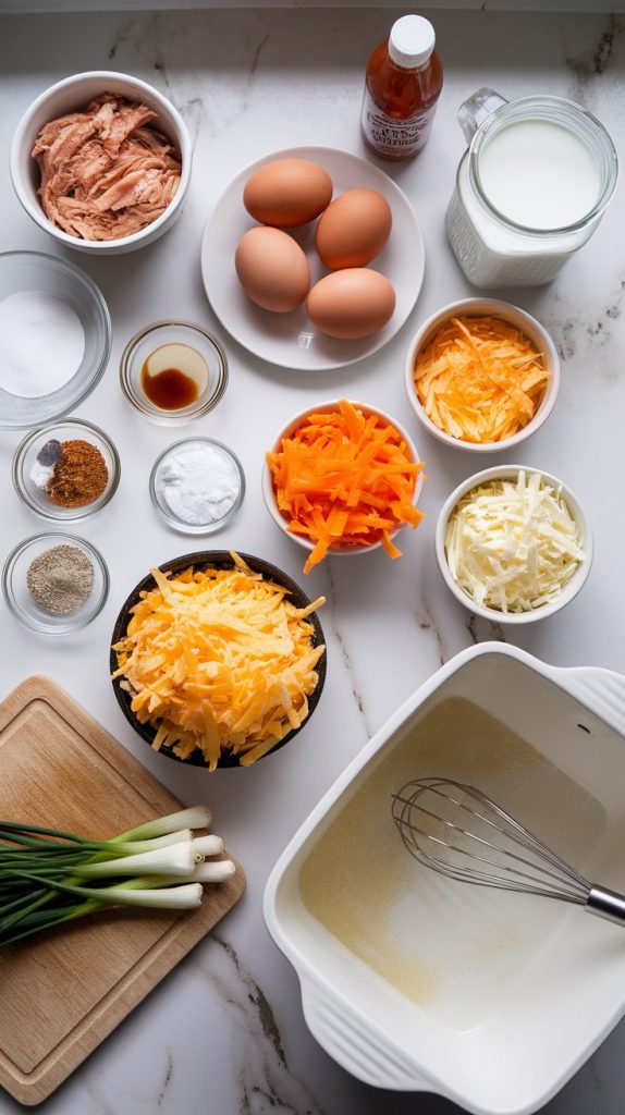 all the ingredients for buffalo chicken breakfast casserole