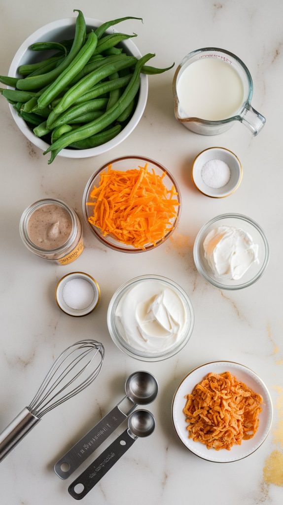 A top-down shot of all ingredients needed for the green bean casserole laid out on a white marble counter with hints of gold