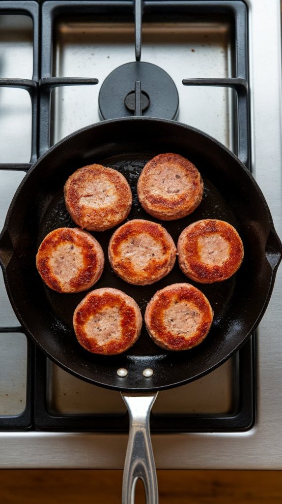 breakfast sausage patties sizzling in a black non-stick skillet