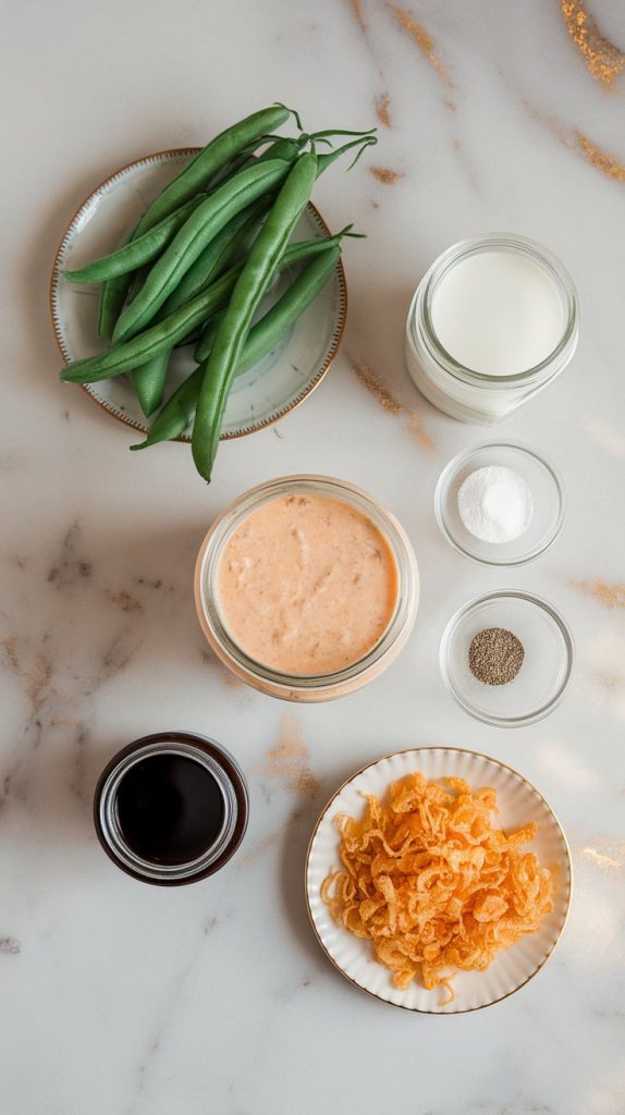 A top-down shot of fresh green beans on a small plate, cream of chicken soup in a jar, milk in a small glass jar, soy sauce in a small jar, garlic powder in a tiny bowl, black pepper in a pinch bowl, and crispy fried onions on a small plate