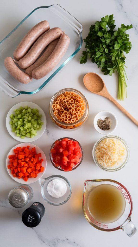 All the ingredients for Parmesan Italian Sausage Ditalini Soup