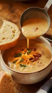A ladle pouring creamy, cheesy Cheesy Hamburger Potato soup into a rustic white bowl, garnished with extra shredded cheddar and parsley