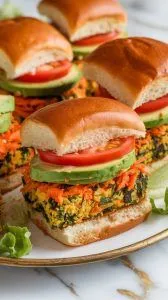 Ultra-close-up of a platter of veggie avocado sliders, captured from a front-to-back viewpoint, with the sliders lined up in a straight row