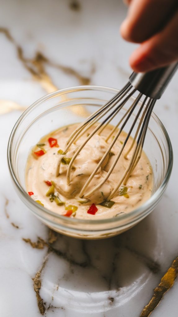 creamy remoulade sauce being whisked in a small glass bowl,