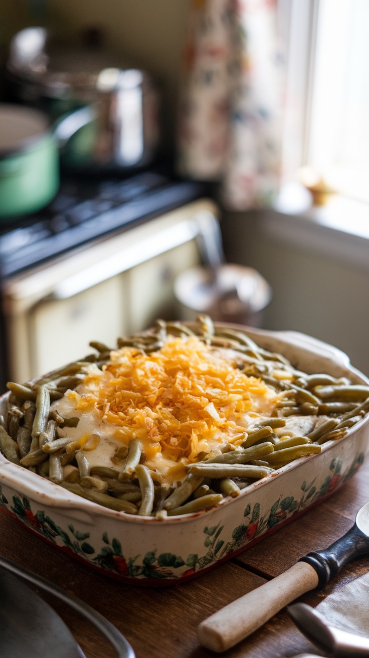 A casserole dish with green bean casserole topped with crispy onions.
