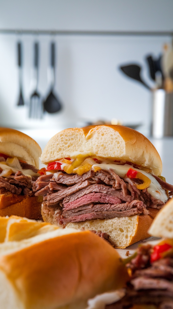 Close-up of Philly cheesesteak sliders with thinly sliced beef, melted cheese, and colorful peppers on soft rolls.