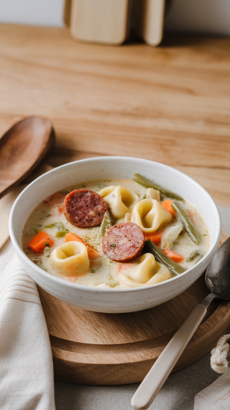 A bowl of sausage tortellini soup with colorful vegetables on a wooden table.